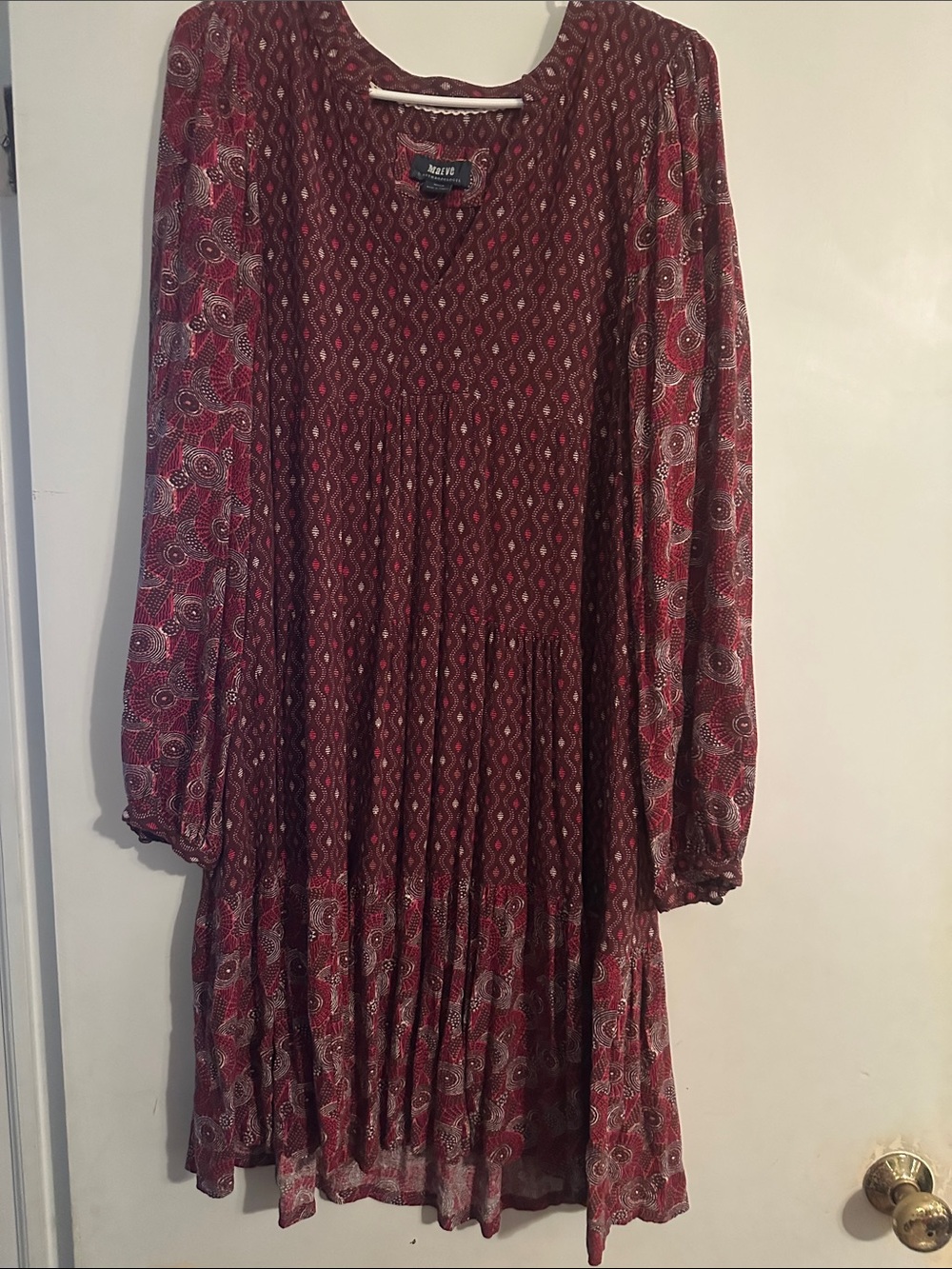 Maeve Maroon tiered dress long sleeve boho Patterned dress size medium